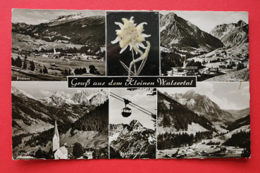 AK Gruss aus dem kleinen Walsertal / 1958 / echtes Edelweiss / Mehrbildkarte / Riezlern / Mittelberg / Kanzelwandbahn / Hirschegg / Baad / Strassen / Voralberg